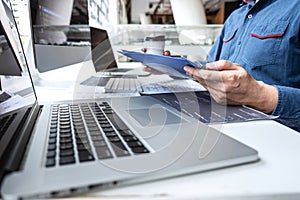 Developer programmer working on project in software development computer in IT company office, Writing codes and data code website