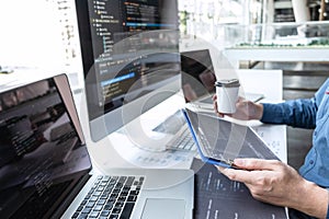 Developer programmer working on project in software development computer in IT company office, Writing codes and data code website