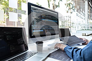 Developer programmer working on project in software development computer in IT company office, Writing codes and data code website