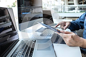 Developer programmer working on project in software development computer in IT company office, Writing codes and data code website