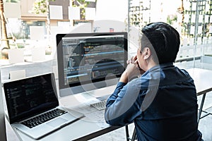 Developer programmer working on project in software development computer in IT company office, Writing codes and data code website