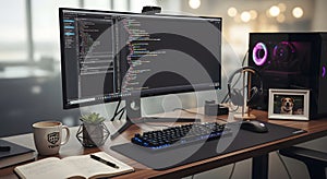 Developer s desk with a large monitor displaying code and a desktop computer