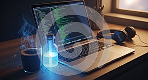 Developer's workspace with coffee and code