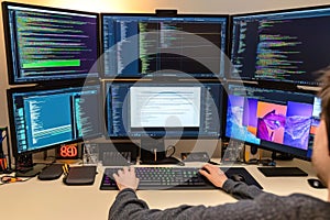 Developer's workspace: multi-screen computer setup for software programming and coding