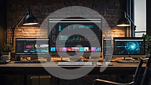 DeveloperÃ¢â¬â¢s Workspace with Multiple Monitors Displaying Website Design and Coding