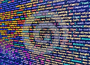 Developer software programming code. Code on dark background. Javascript functions, variables, objects. Background of software