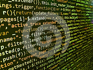 Developer software programming code. Program code PHP HTML CSS of site. Big data storage and cloud computing representation. Web
