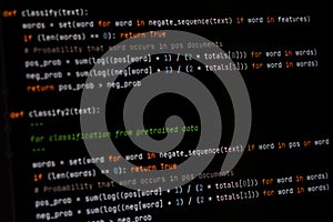Developer software source code on monitor screen. writing script of software developer. program coding. programmer editing code