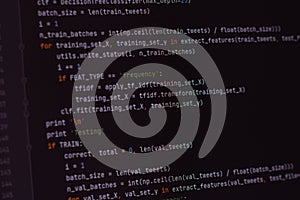 Developer software source code on monitor screen. writing script of software developer. program coding. programmer editing code