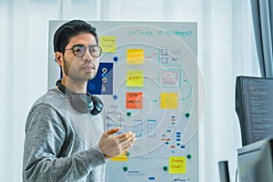 Developer team present project interface design with board and solving problem at office