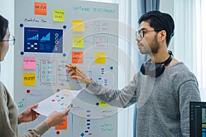 Developer team present project interface design with board and solving problem at office