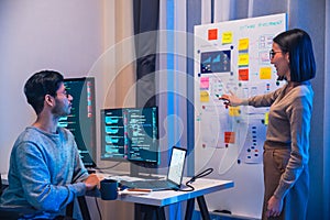 Developer team present project interface design with board and solving problem at office