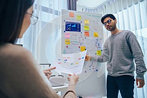 Developer team present project interface design with board and solving problem at office