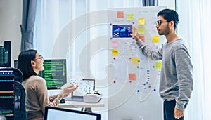 Developer team present project interface design with board and solving problem at office