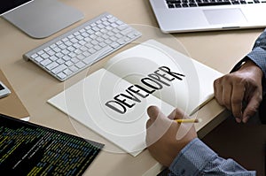 Developer Team Working Laptop Computer Mobile Application Softwareand Web Design Online Technology Content script to display