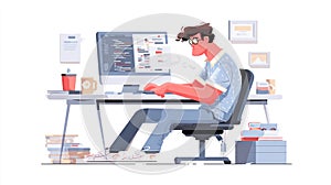 Programmer Coding at Desk with Computer Screen, Coffee and Books