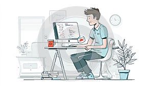 Programmer Working on Computer at Desk with Coffee and Books