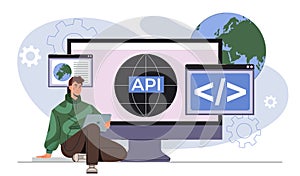 Developer using API coding interface. Vector illustration