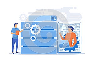 Developer using big data applications and tablet. Data processing software, database management and analysis, information privacy