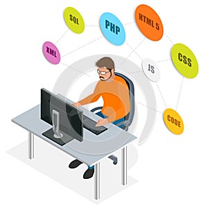 Developer Using Laptop Computer. Web Development concept. Web programming concept. Programming, coding, testing