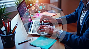 Developer at Work with Floating Digital Icons in Creative Workspace