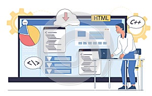 Developer working on coding project. Vector illustration