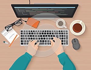 Developer working at computer. Programmer hands coding. Programming flat illustration concept. Vector top view.