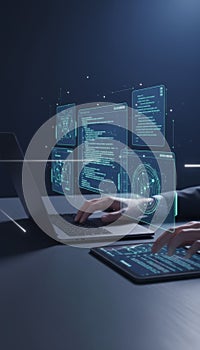 Developer working with data coding and futuristic ui interfaces