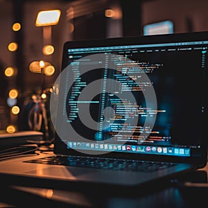 Developer working late on laptop showing code on screen in dark room