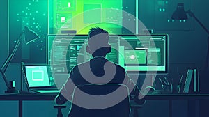 Developer Working On Multiple Screens With Programming Code, Data Analytics, And Graphs In A Futuristic Workspace