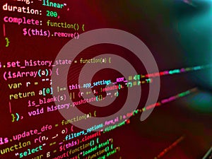 Developer working on program codes in office. WWW software development. Code of javascript language on white background. Coding