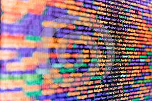 Developer working on program codes. Web developer programmer monitor screen display. PHP development, software site code. Work of