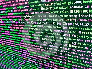 Developer working on software codes in office. Python programming developer code. Javascript functions, variables, objects.