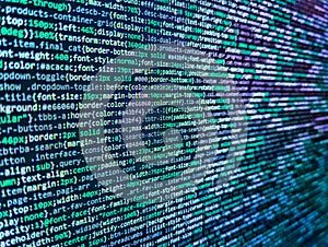 Developer working on software codes in office. Web developer HTML code with CSS on screen. Information technology website coding