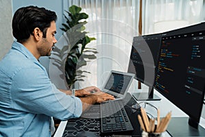 Developer working software development coding on laptop screen. Surmise.