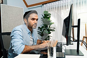 Developer working software development coding two computer code screen. Surmise.