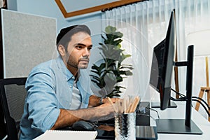 Developer working software development coding two computer code screen. Surmise.