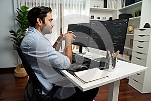 Developer working software development coding two computer code screen. Surmise.
