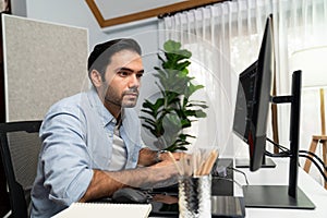 Developer working software development coding two computer code screen. Surmise.