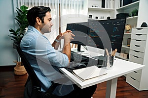 Developer working software development coding two computer code screen. Surmise.