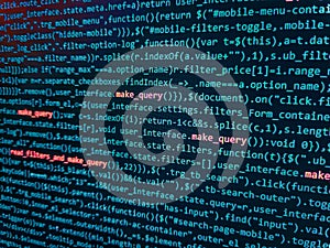 Developer working on source codes on computer at office. Data bits computer bits, shadow and dark vignette effect. Coding