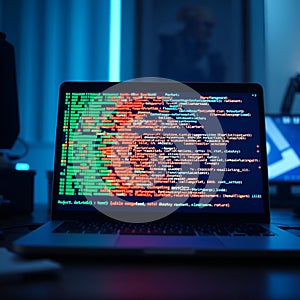 Developer Workspace with Abstract Code Background