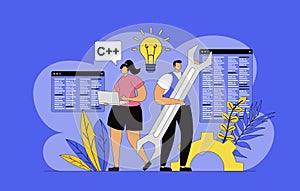 Developers team concept with modern flat design for web. Man and woman developing application site interface