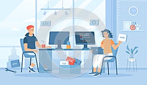Developers team. Optimization, development, testing app. Programmers creates software.