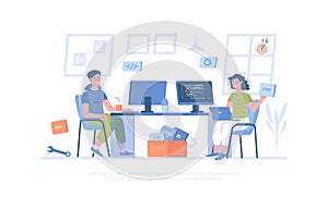 Developers team. Optimization, development, testing app. Programmers creates software.