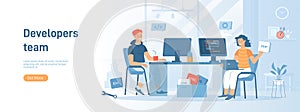 Developers team. Optimization, development, testing app. Programmers creates software.