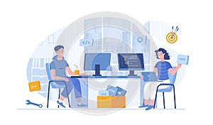 Developers team. Optimization, development, testing app. Programmers creates software. Vector illustration