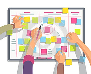 Developers team planning weekly schedule tasks on task board. Teamwork and collaboration vector flat concept photo