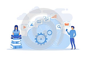 Developers using laptop and smartphone working with cloud data. Multimedia and big data architecture, database,