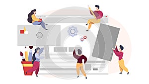 Developers and web designers. Programmers coding internet page. Teamwork vector concept